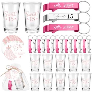 Imagem de SiliFine 30 conjuntos de lembrancinhas de festa de quinze anos para convidados 15 anos de idade óculos de tiro de acrílico transparente abridor de garrafas chaveiro sacos de organza cartões de
