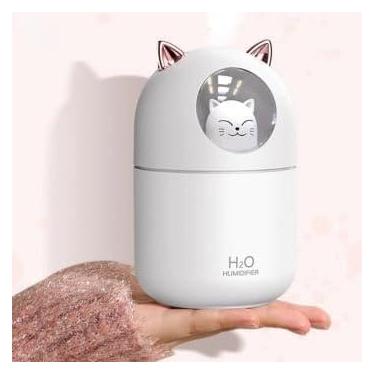 Imagem de Umidificador Gatinho + Refil Filtro C/Abajur Led 300ml em Plástico Luz Noturna Difusor de Aromas Silencioso Vaporizador Fofo Adulto Infantil Adolescente Criança ou Jovem Gato (Branco + Rosa)