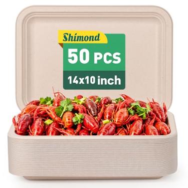 Imagem de Shimond Bandejas descartáveis de lagostins de 35,5 cm, pacote com 50, pratos de papel grandes ecológicos, resistentes, bandejas descartáveis 100% compostáveis para lagostins, churrasco, frutos do mar