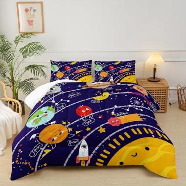 Imagem de lneffble Jogo de cama casal com tema do espaço sideral de desenho animado, galáxia, galáxia, tamanho casal, com 1 edredom com 2 fronhas