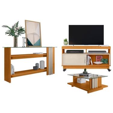 Imagem de Rack Bancada com Aparador e Mesa de Centro Artur 121cm em MDP com Porta de Correr Rodízios Off White