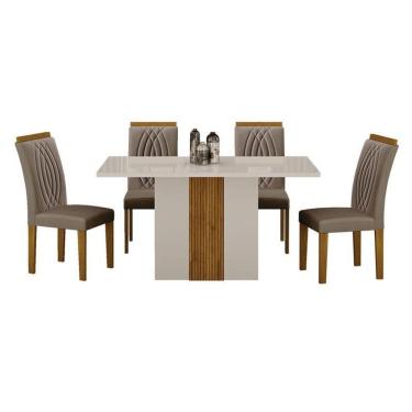 Imagem de Mesa De Jantar Doha 120x80 Reto Off White Decor Off Com 4 Cadeiras Freijó Joli Camurça – Leifer Móveis