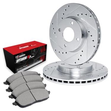 Imagem de R1 Concepts Rotores de freio dianteiros da série eLINE perfurados e ranhurados prata com ótimas pastilhas OEp 1EC.80003.04