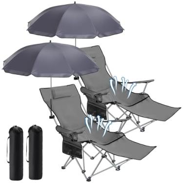 Imagem de Karenhi Conjunto de 2 cadeiras de acampamento de praia com guarda-chuva para adultos, cadeira de acampamento reclinável dobrável com apoio para os pés, braçadeira ajustável, toldo para uso ao ar livre