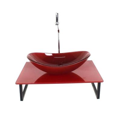 Imagem de Kit Cuba Vidro Oval 10Mm Tampo 50Cm Vermelho Cereja Full