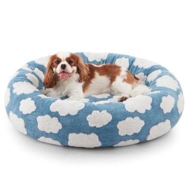 Imagem de JOEJOY Camas de donut para gatos internos, cama redonda calmante para cães pequenos com capa lavável removível, cama ortopédica fofa para filhotes de cachorro com pelúcia jacquard felpuda e parte