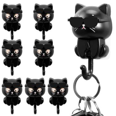 Imagem de 8 peças de porta-chaves de gato fofo, gancho para chave de gato, óculos de sol de desenho animado, gancho autoadesivo para chave de gato, decoração de pendurar na parede, gancho de parede de gato para