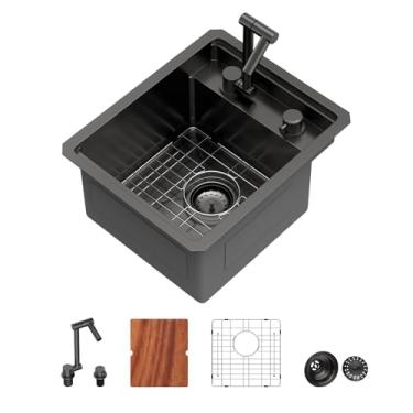 Imagem de Pia de barra de montagem externa de 38 cm com torneira e tampa - Beslend Pia de cozinha subterrânea de 38 x 45 x 23 cm, pias de aço inoxidável de calibre 16, pias embaixo do balcão, ambientes internos