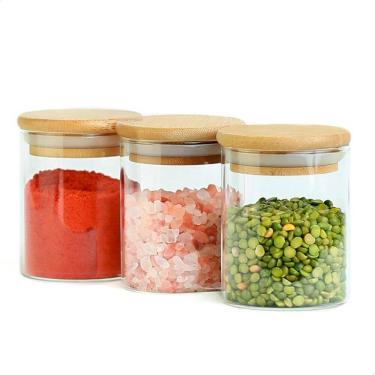 Imagem de Kit 3 Pcs Pote De Vidro Com Tampa De Bambu Hermético 200Ml