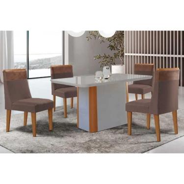 Imagem de Conjunto Sala de Jantar Pietá c/ Tampo Madeirado c/ Vidro Canto Curvo 120x80cm e 4 Cadeiras Jaspe Madeira Maciça Naturale/Off White - Capuccino/Suede 