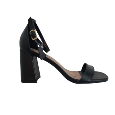 Imagem de QR Shoes, Sandália Feminina Preta em Couro Legítimo Salto Alto Bloco Cor:Preto;Tamanho:34