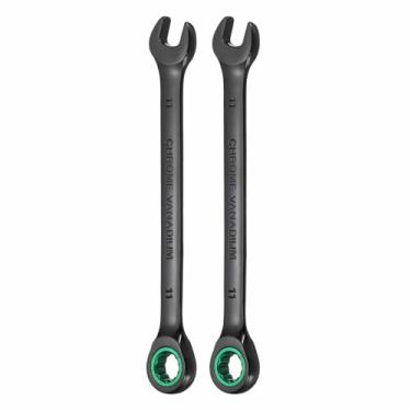 Imagem de HARFINGTON 2 peças chave de catraca de 11 mm métrico 12 pontos CR-V eletroforese alongamento caixa dupla chave catraca de extremidade aberta com 72 dentes 5° Swing Industrial Grade Spanner