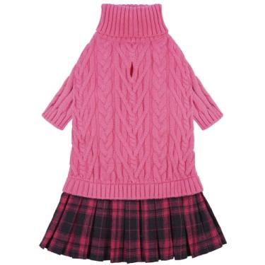 Imagem de IECOii Vestido suéter feminino para cães pequenos - rosa, médio, pulôver de gola rolê com saia xadrez tartan, adorável vestido de malha quente para o Natal