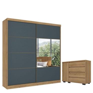 Imagem de Guarda Roupa Casal Malaga Glass 2 Portas Capuccino Azul Acetinado E Cômoda Com Porta Aurora Cappuccino - Thb