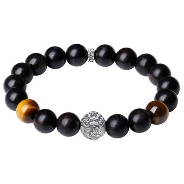 Imagem de Pulseira de madeira de ébano com miçangas para homens com S999 Silver Dragon B