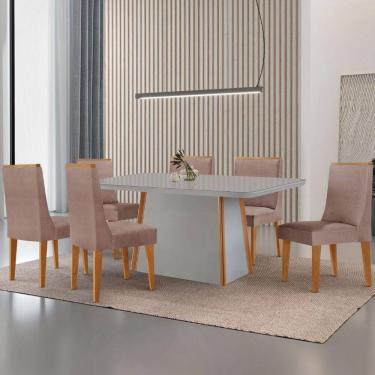 Imagem de Mesa De Jantar Diane 180cm Tampo Mdf Vidro 6 Cadeiras Lisboa Moderna Linho Capuccino Off White Serigrafia