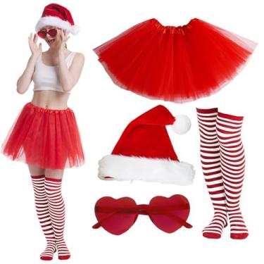Imagem de Saia tutu feminina vermelha e verde de Natal com conjunto de meias, acessórios de tutu de Natal para festa de Natal, Vermelho, Large