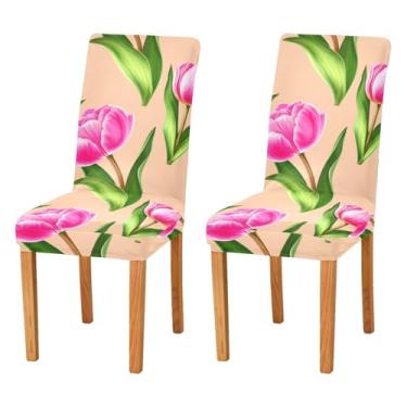 Imagem de STAYTOP 2 capas de cadeira, tulipas com folhas verdes exuberantes, elásticas, laváveis, capas de cadeira de cozinha, protetor de assento removível para festas de fim de ano, cozinha, hotel, sala de