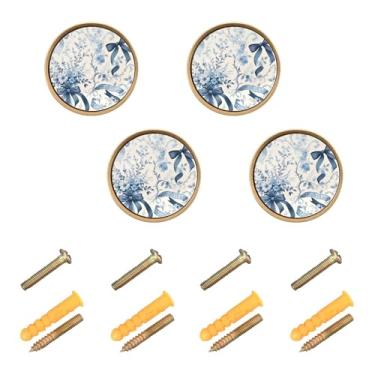 Imagem de Burbuja Maçanetas de armário de cozinha Blue Bow Flowers, pacote com 4, puxadores redondos de 3,5 cm, puxadores de cômoda com parafusos para cozinha, quarto, armários, armário