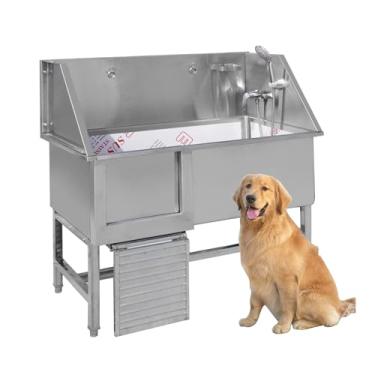 Imagem de Estação de banho para cães de estimação para casa, estação de lavagem profissional de aço inoxidável, banheira de chuveiro para cães grandes e médios, com escadas antiderrapantes e porta deslizante