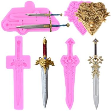 Imagem de MIYAHOUSE Moldes de silicone para fondant de espada para decoração de bolos, topo de cupcake, pasta de goma de chocolate, argila de polímero, conjunto de 4
