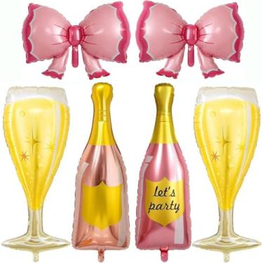 Imagem de Conjunto de 6 balões de arco para chá de panela, balões de laço rosa, decorações de chá de panela, despedida de solteira, inclui 2 taças de champanhe, 1 garrafa de festa, 1 garrafa em branco, 2 laços