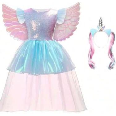Imagem de Vestido Fantasia luxo Unicornio Infantil Com Asas tiara E Acessórios (G(130 cm))
