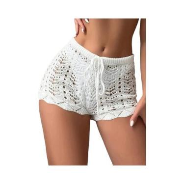 Imagem de Cintura aberta de malha biquíni feminino, calções com cordão oco, poly