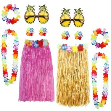 Imagem de XEPST Pacote com 12 kit de fantasia de saia Hula para festa de luau no Havaí – Saia de grama de 2 cores com havaiana Lei, óculos de sol de abacaxi para mulheres, fantasia tropical de festa Luau para