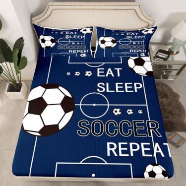 Imagem de jejeloiu Jogo de lençol Queen de futebol infantil, para meninos e meninas, comer dormir, tema esportivo, esportes, azul marinho, bolso profundo