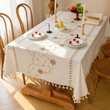 Imagem de Toalhas de mesa para mesas retangulares, toalha de mesa de linho de algodão à prova d'água, capa de mesa de jantar de fazenda, sem rugas, toalhas de mesa macias com borlas (café moinho de vento, 139,7