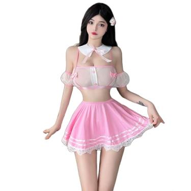 Imagem de SINGUYUN Women Sexy Lingerie Anime Cosplay Secretary Teacher OL Costume Top and Mini Skirt Set With Socks (2774Pink, one size)