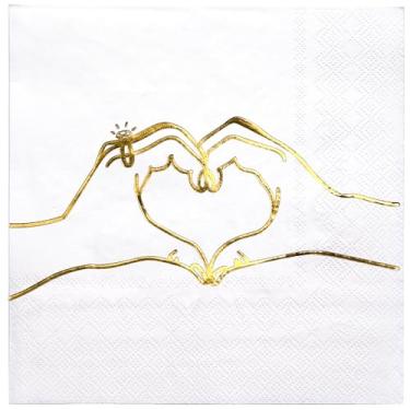 Imagem de WRAPAHOLIC Guardanapos de coquetel com 50 peças de mãos de coração - 3 camadas douradas com anel, guardanapos de papel descartáveis para chá de panela, casamento e festa de noivado - 12 x 12 cm