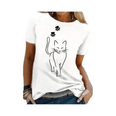 Imagem de Camiseta Feminina Com Estampa De Gato, Manga Curta, Gola Redonda, Top 