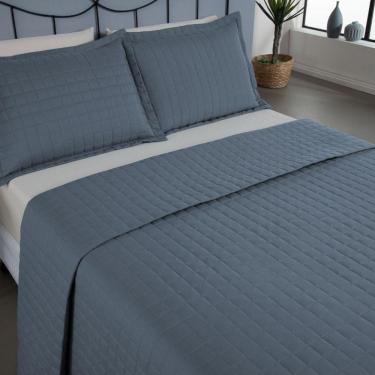 Imagem de Kit Cobre Leito Colcha Bellini Queen Dupla Face Percal 300 Fios Textura Matelassê 3 Peças - Azul