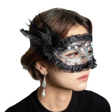 Imagem de Máscara de meia face Feather Lace Pearl para festa de máscaras - yiwei