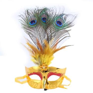 Imagem de Máscara de festa, plástica de penas douradas, meia face, fantasia de H