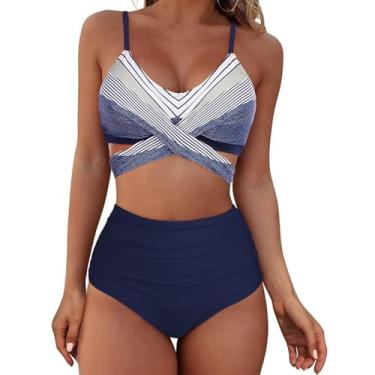 Imagem de American Trends Biquíni feminino de cintura alta, conjunto de biquíni push-up sexy, maiô de duas peças, Branco e azul, 5-7