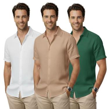 Imagem de Kit 3 Camisa de linho Masculina para verão praia manga curta fresca mo