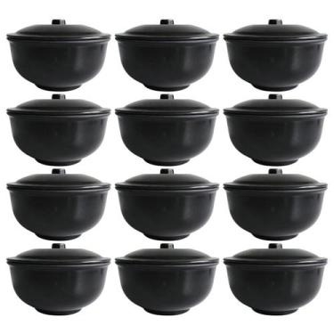 Imagem de 12 Tigelas Pote Para Sopa em Melamina Com Tampa Preta 960ml - Fx