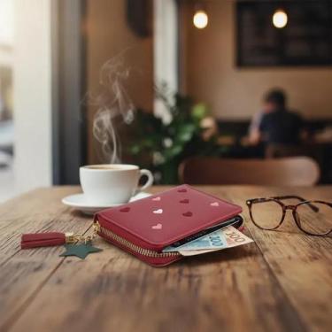 Imagem de Carteira Feminina Pequena Couro Porta Moedas Cartão Zíper Cor:Vermelho