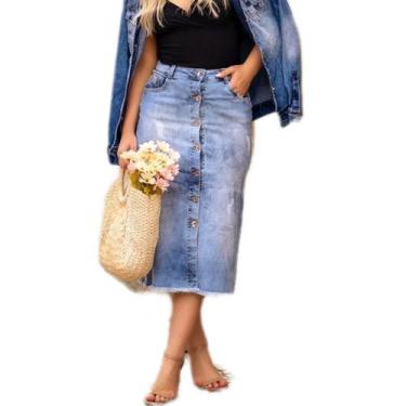 Imagem de Saia Midi Jeans Botões Gospel Tendência Verão Frete Grátis - GARDANA J