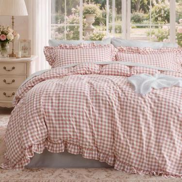 Imagem de Conjunto de Capa de Edredom Bedsure Queen Rosa Xadrez Gingham com Baba