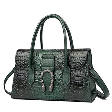 Imagem de Bolsa de ombro feminina com alça superior de couro padrão de crocodilo bolsa de mão feminina média fashion, Verde