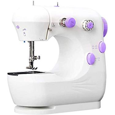 Imagem de Mini máquina de costura elétrica portátil máquina de costura doméstica para guinners de braço livre máquina de remendo de artesanato máquina de costura manual para alfaiates iniciantes rosa-roxo atualizado