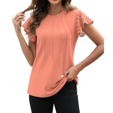 Imagem de Funlingo Camisetas femininas de verão de renda flutter de manga curta 2024 elegante casual plissado gola redonda túnica túnica de malha, Coral, XP