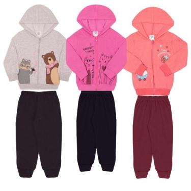 Imagem de Kit 3 Conjuntos Moletons Femininos Infantil Flanelado Frio Quentinho Z