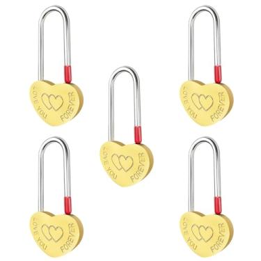 Imagem de Gradleen 5 peças, cadeado de coração único de latão, 8,9 cm e 50 mm, cadeado de metal gravado Love-You-Forever para ponte Lovelock, casamento e aniversário (sem chave)