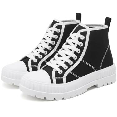 Imagem de Rominz Tênis feminino com plataforma branca, moderno, cano alto, tênis de lona com cadarço preto e plataforma casual, Preto, 41