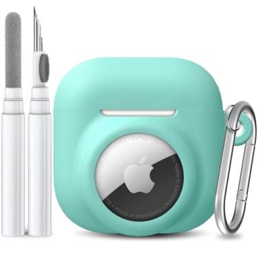 Imagem de LDSXAY Capa de silicone 2 em 1 compatível com AirPod 4 e AirTag, capa protetora à prova de choque para AirPods 4ª geração com kit de limpeza e mosquetão (verde menta)